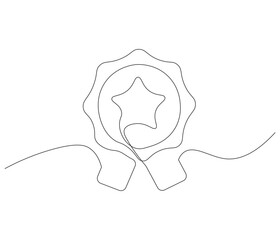 Winning badge in one continuous line drawing. Symbol of a winner. Award winning ribbon in simple linear style. Editable stroke. Doodle line illustration
