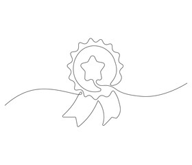 Winning badge in one continuous line drawing. Symbol of a winner. Award winning ribbon in simple linear style. Editable stroke. Doodle line illustration