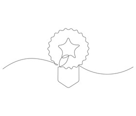Winning badge in one continuous line drawing. Symbol of a winner. Award winning ribbon in simple linear style. Editable stroke. Doodle line illustration