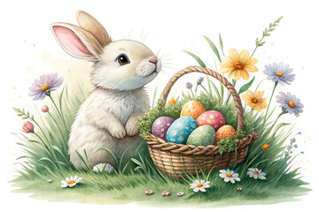 happy Easter bunny sitting on green grass with some flowers, banner and flyer for easter day, rabbit in nature