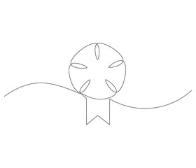 Winning badge in one continuous line drawing. Symbol of a winner. Award winning ribbon in simple linear style. Editable stroke. Doodle line illustration