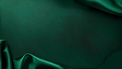 Dark green silk satin background. Beautiful soft folds on the smooth surface of the fabric. Luxury background with copy space for design. Wide banner. Top view. Flat lay