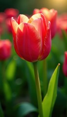 Naklejka premium Sun-drenched tulips, dew-kissed petals unfurl , morning, photo