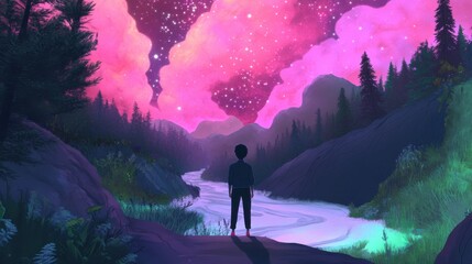 Fototapeta premium Pink Nebula Night Sky Forest River Landscape Fantasy Adventure
