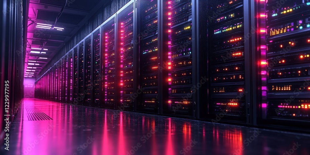Poster row of multiple computer servers in a data center with blinking lights and cables connected