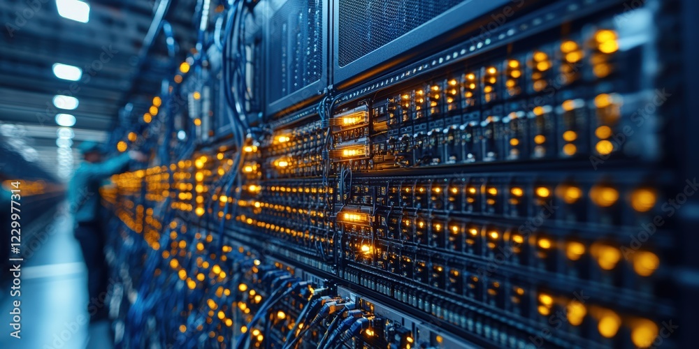 Poster server rack with multiple network switches and cables in a data center environment