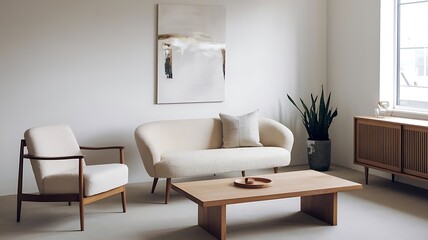 Minimalist, japandi style interior design of modern living room. Room with contemporary beige boucle sofa, armchair, coffee table, and abstract painting.
