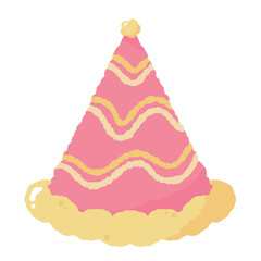 Pink Party Hat: A cheerful pink party hat with yellow wavy stripes and a fluffy yellow base, perfect for birthday celebrations, festive events, and adding a touch of fun to your designs. 