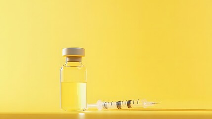 Vaccine Vial with Syringe on Bright Yellow Background for Healthcare