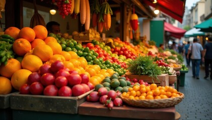 Vibrant colorful fruit and vegetable market stall display, food, yellow, shop