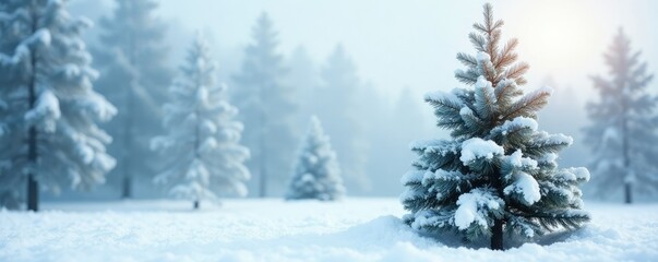 Fototapeta premium Frosty fir tree against snowy white background, bright, fir