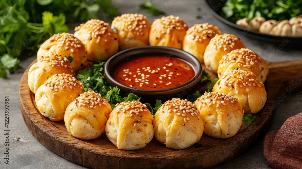 Poster a tempting platter of cheese balls arranged in a circle, sprinkled with sesame seeds and served with