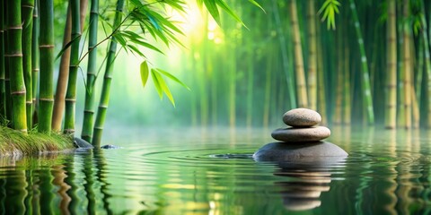 A Zen stone sits serenely on the surface of calm water, surrounded by lush greenery and towering bamboo stalks in a serene natural setting , nature, zen stone