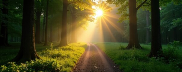 Sun-drenched forest path, morning mist lifting, oak, peaceful