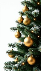 Isolated gold Christmas tree ornaments on a white background, christmas, snowy, tree