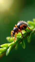 Fototapeta premium Ixodes persulcatus on a fir leaf under sunlight filtering, arachnid, insect, abies