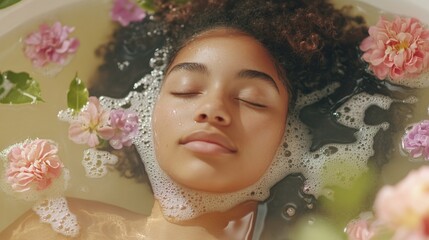 Young Woman Enjoying a Warm Bath with Essential Oil and Flowers