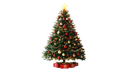 Illuminated Christmas Tree with Red and Gold Ornaments