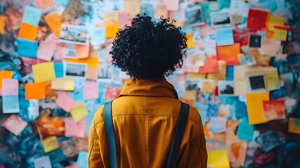Person analyzing colorful sticky notes on a wall in a creative workspace during the day