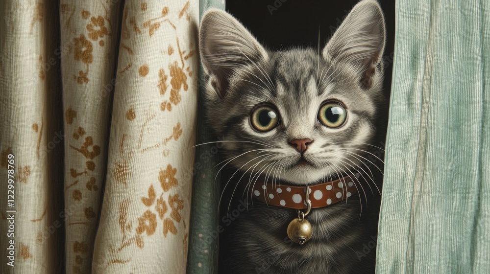 Poster a tiny kitten with soft gray fur, wearing a polka dot collar, peeking out from behind a curtain with