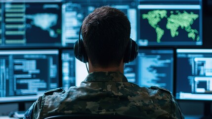 Cybersecurity operations military base digital monitoring high-tech environment close-up view surveillance strategies