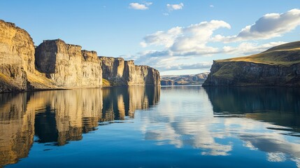 A dramatic fjord with steep cliffs and calm waters reflecting the sky. picture