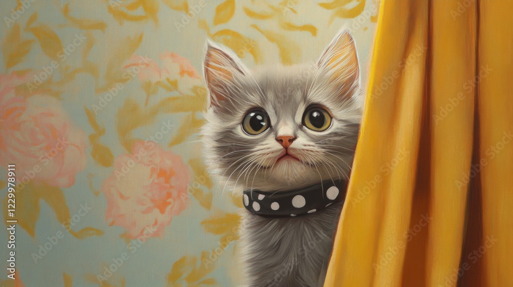 Poster a tiny kitten with soft gray fur, wearing a polka dot collar, peeking out from behind a curtain with