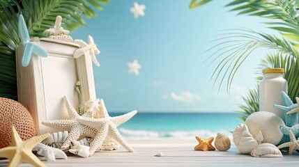 Obraz premium Summer Seashells Frame Beach Ocean Paradise