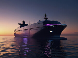 Fototapeta premium A modern cruise ship illuminated with vibrant purple lighting, navigating through calm waters at sunset, offering a luxurious and serene maritime ambiance.