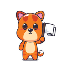 cat mascot cartoon character vector illustration with white flag.