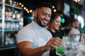 A vibrant scene of a bartender cheerfully mixing cocktails amidst a lively bar atmosphere, complemented by festive decorations creating a joyful celebration ambiance.
