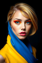 portrait Blond young white Caucasian woman in yellow and blue Ukrainian flag colors with bold bright makeup
