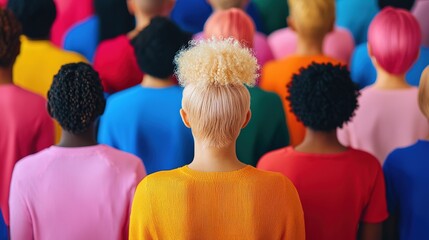 Fototapeta premium Diverse group of people wearing colorful shirts urban setting portrait style community back view unity concept