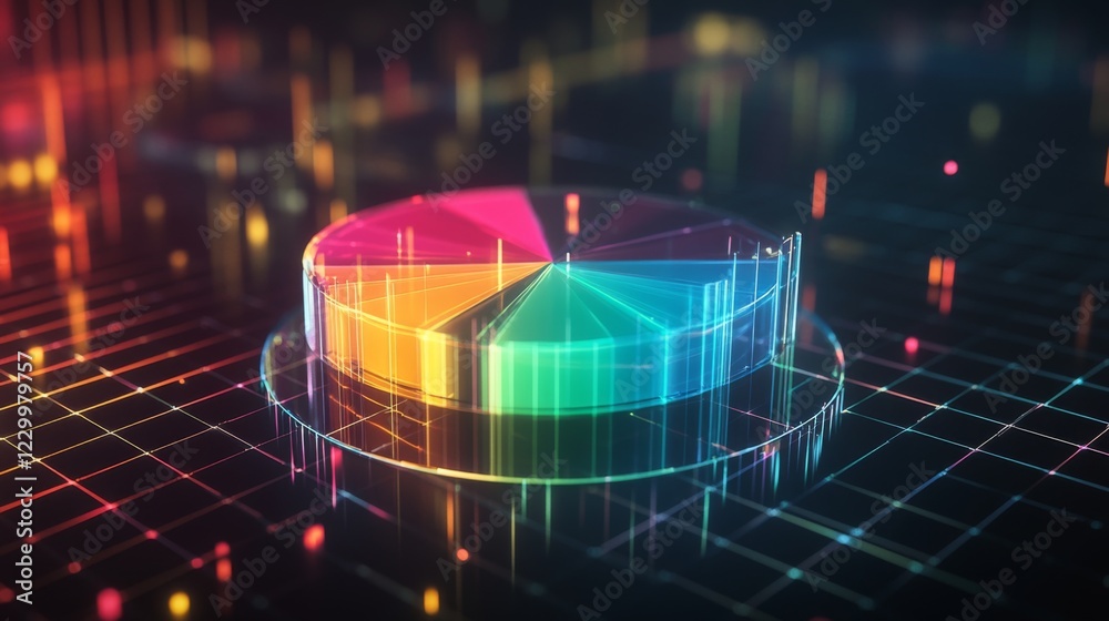 Leinwandbilder a transparent d pie chart with sleek, colorful sections rising from a reflective platform, showcasin