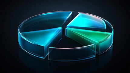 A transparent pie chart with vibrant blue and green segments, arranged in a circular layout on a dark reflective background, showcasing depth and clarity