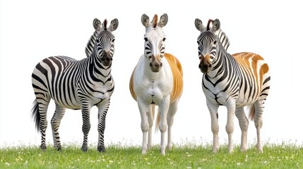 Fototapeta premium Unique zebra variations in a lush green meadow captured in a natural setting showcasing distinctive patterns and colors for wildlife enthusiasts