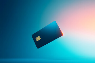 Holographic of digital dark blue credit card display blue background. Technology business online credit card payment for purchases from online stores and online shopping.