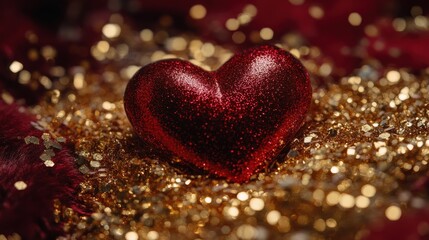 Obraz premium A close-up of a shiny red heart nestled in a pile of golden glitter on a luxurious red velvet surface.
