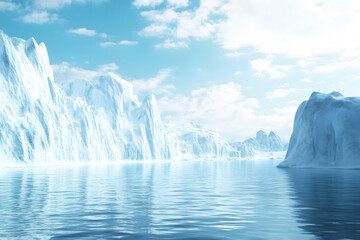 Landscape of Iceberg and water glacier cover by white snow with sky sunlight during morning. Melting and pouring water into sea. Highlighting majestic ice formations and serene atmosphere.