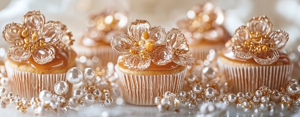 Fototapeta premium Cupcakes with caramel, sugar flowers and pearl, delicate and sophisticated dessert