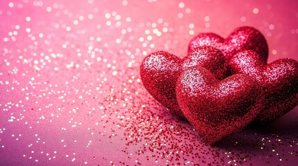 Fototapeta premium A flat lay of red hearts and glitter sprinkles with soft focus on a vibrant, gradient pink background.