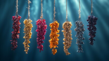 Naklejka premium Hanging dried flowers display art installation indoor vibrant colors aesthetic nature inspiration