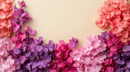 Beautiful Floral Border with Pink and Purple Flowers on Soft Beige Background Creating a Delicate Feel