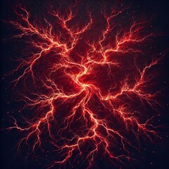The image is a digital representation of red lightning against a dark background
