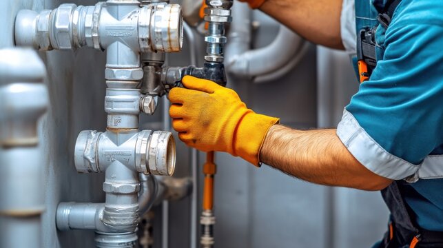 A detailed shot of a plumber fixing pipes in a commercial building under renovation, Plumbing repair scene, Infrastructure maintenance style