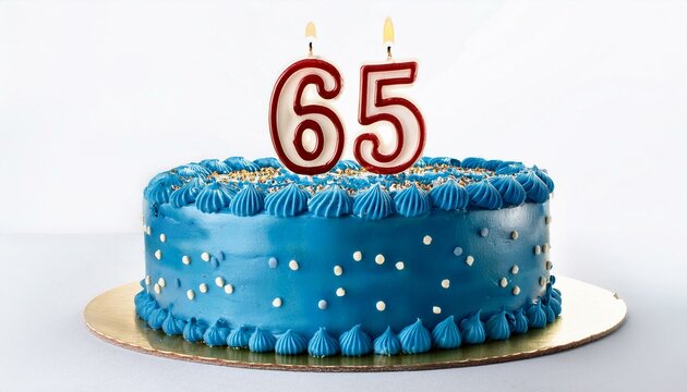 Decorated blue cake for birthday or anniversary party, candle number 65, white background