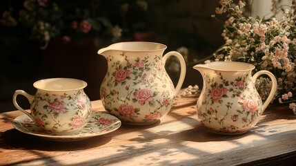 Fototapeta premium Elegant floral tea set arrangement cozy kitchen still life photography natural light vintage aesthetic
