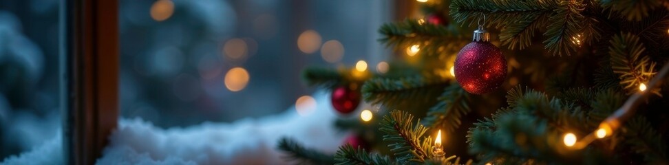 Twinkling fairy lights on a wooden Christmas tree, winter, decorations, ornaments