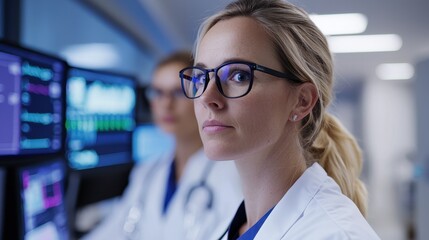 Focused female doctor with glasses in modern healthcare setting