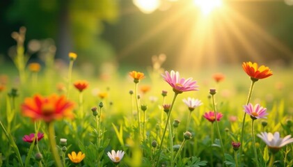 Fototapeta premium Sun-kissed meadow with wildflowers swaying gently in breeze, garden, sunshine